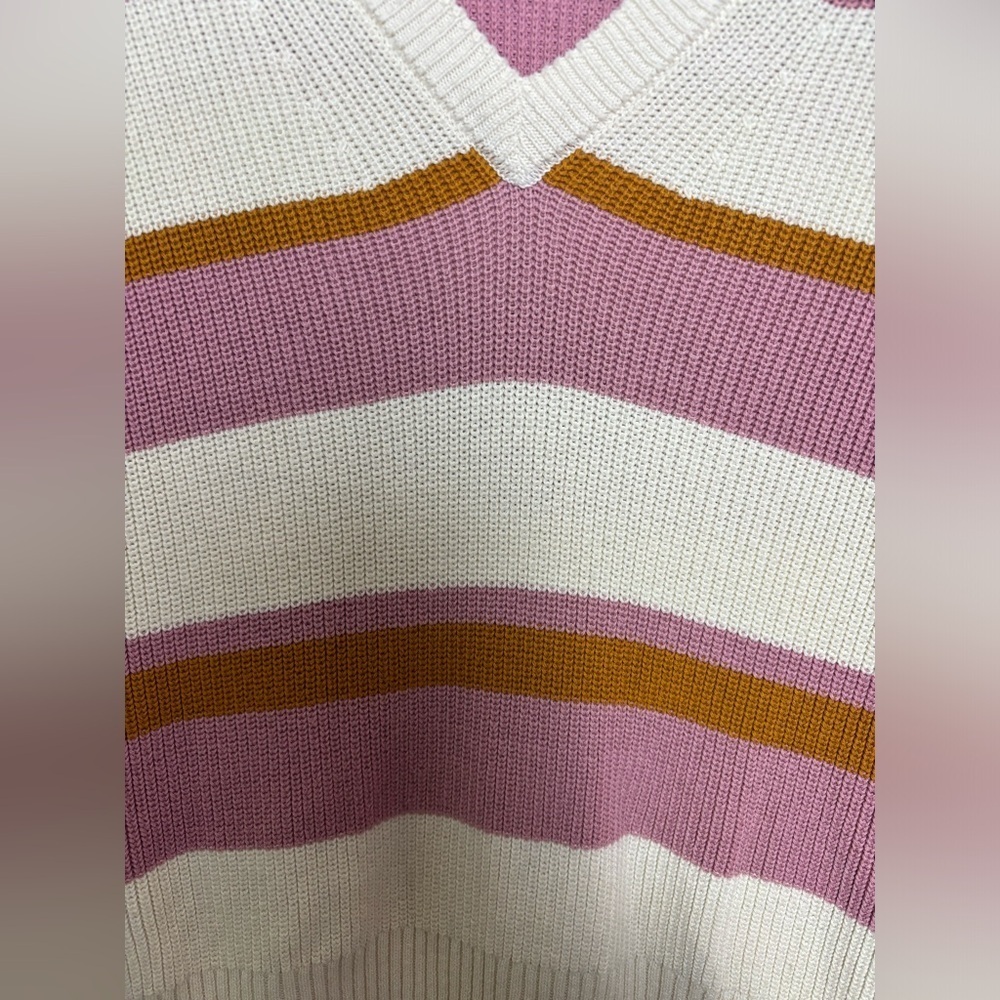 PAIGE Negin V-Neck Knit Sweater in Fuchsia, Gold, and Cream Stripes Small - Picture 3 of 7